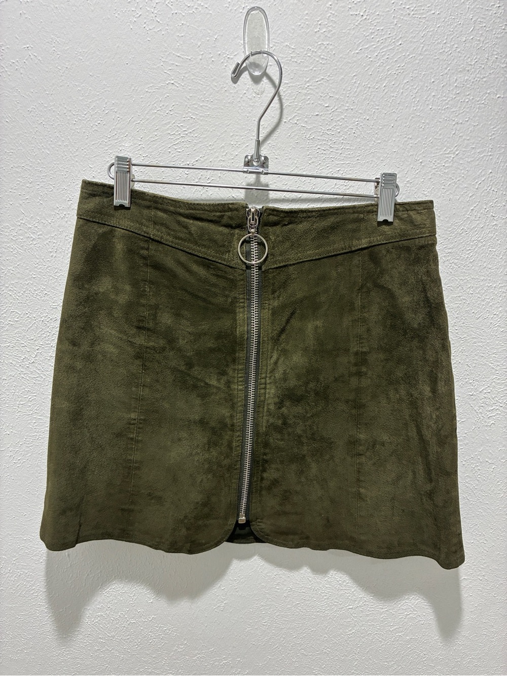 Zara Olive Green GENUINE LEATHER Suede Front-Zip Mini Skirt